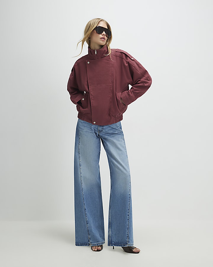 Red Washed Funnel Neck Bomber Jacket