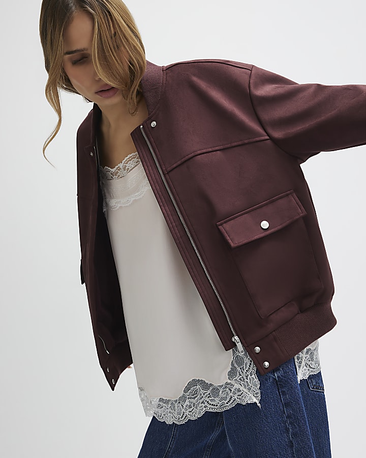 Red Faux Suede Classic Bomber Jacket