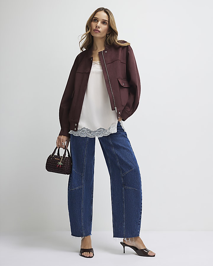 Red Faux Suede Classic Bomber Jacket