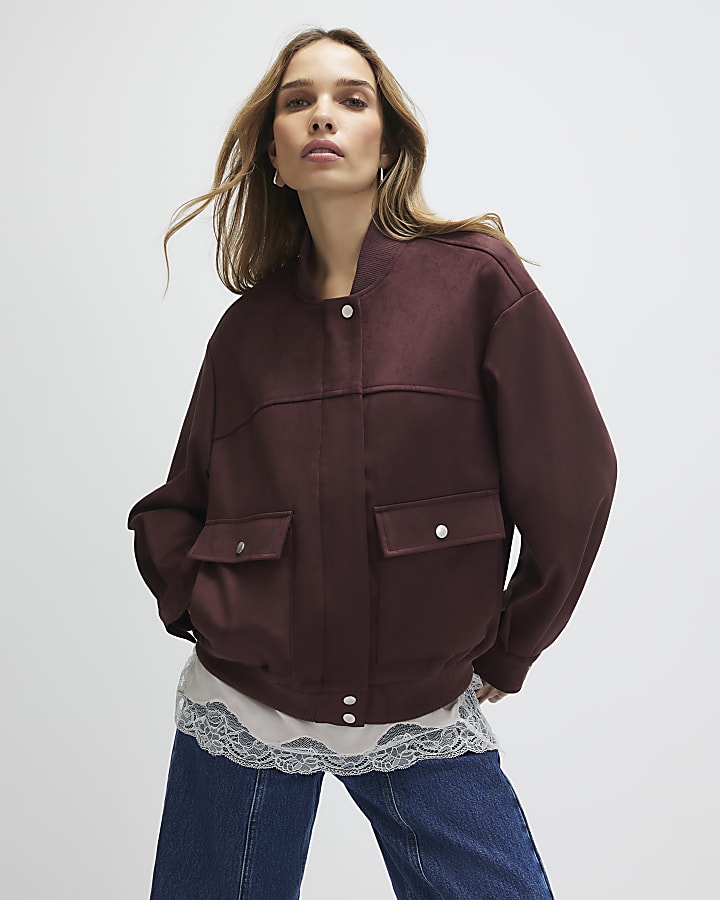 Red Faux Suede Classic Bomber Jacket
