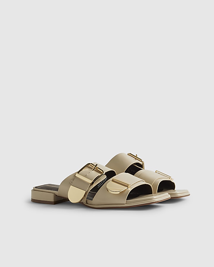 Beige Buckled Flat Sandals