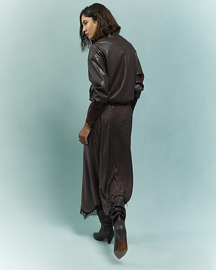 Brown Satin Spot Print Lace Trim Midi Skirt