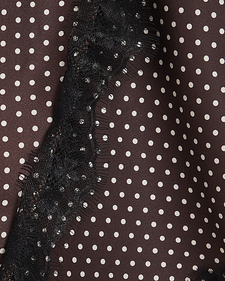 Brown Satin Spot Print Lace Trim Midi Skirt