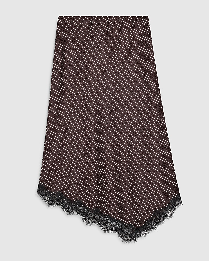 Brown Satin Spot Print Lace Trim Midi Skirt
