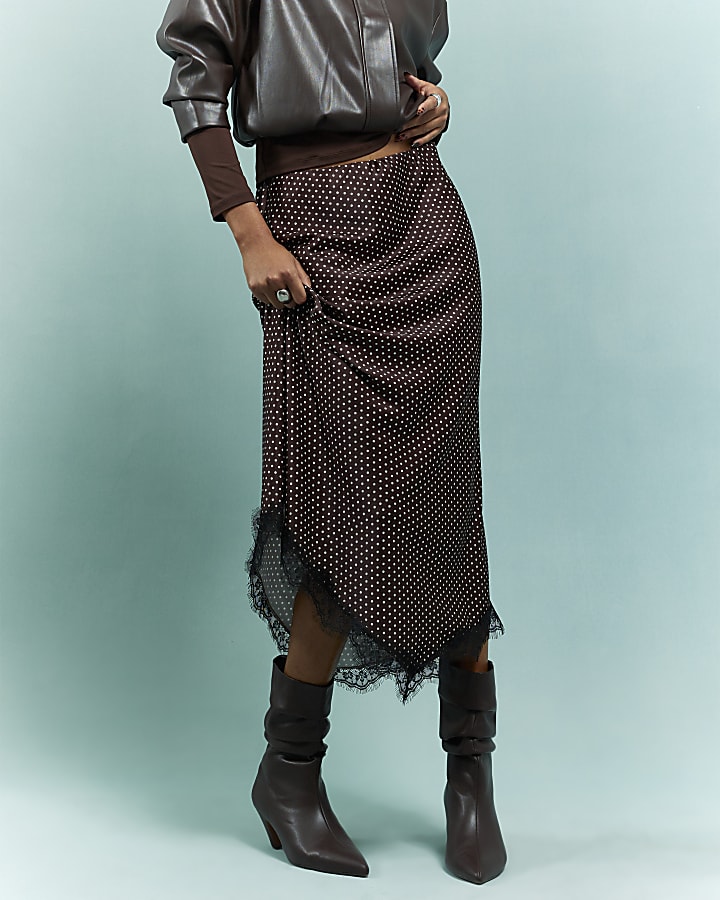 Brown Satin Spot Print Lace Trim Midi Skirt