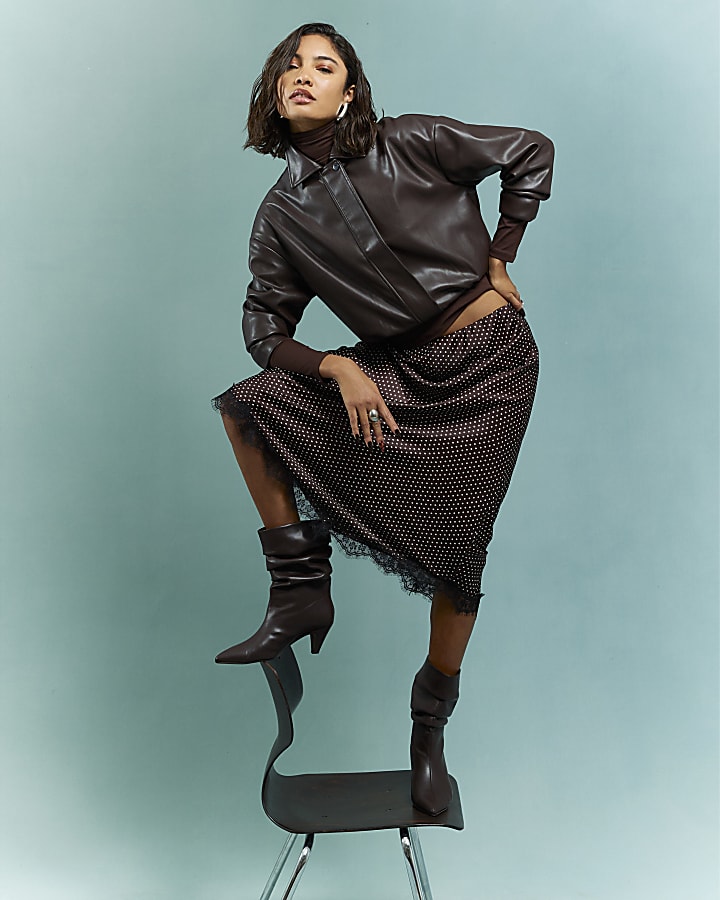 Brown Satin Spot Print Lace Trim Midi Skirt