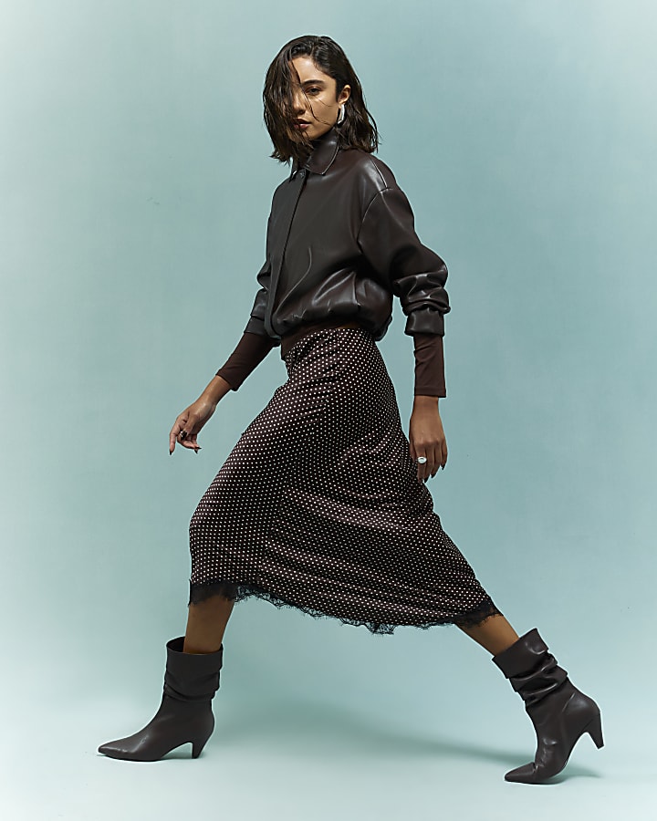 Brown Satin Spot Print Lace Trim Midi Skirt