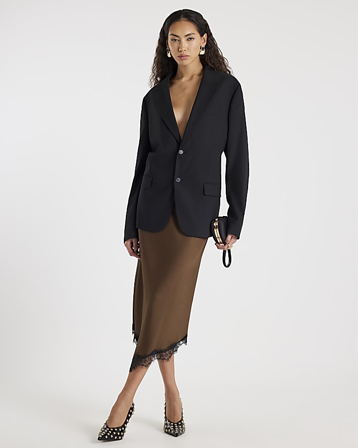 Brown Satin Lace Hem Midi Skirt