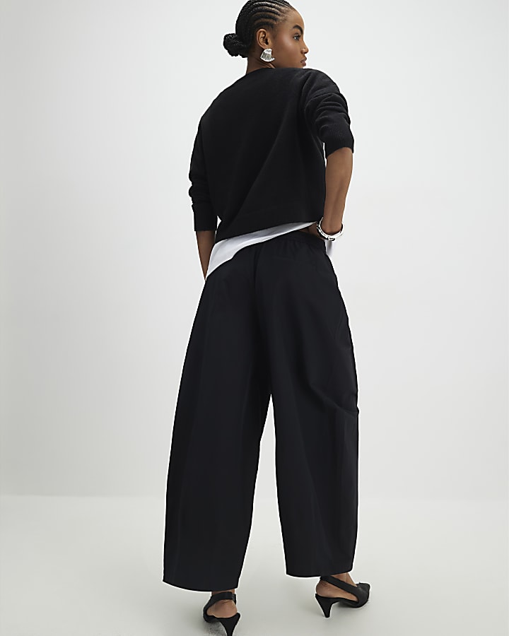 Black Cotton Poplin Barrel Leg Trousers