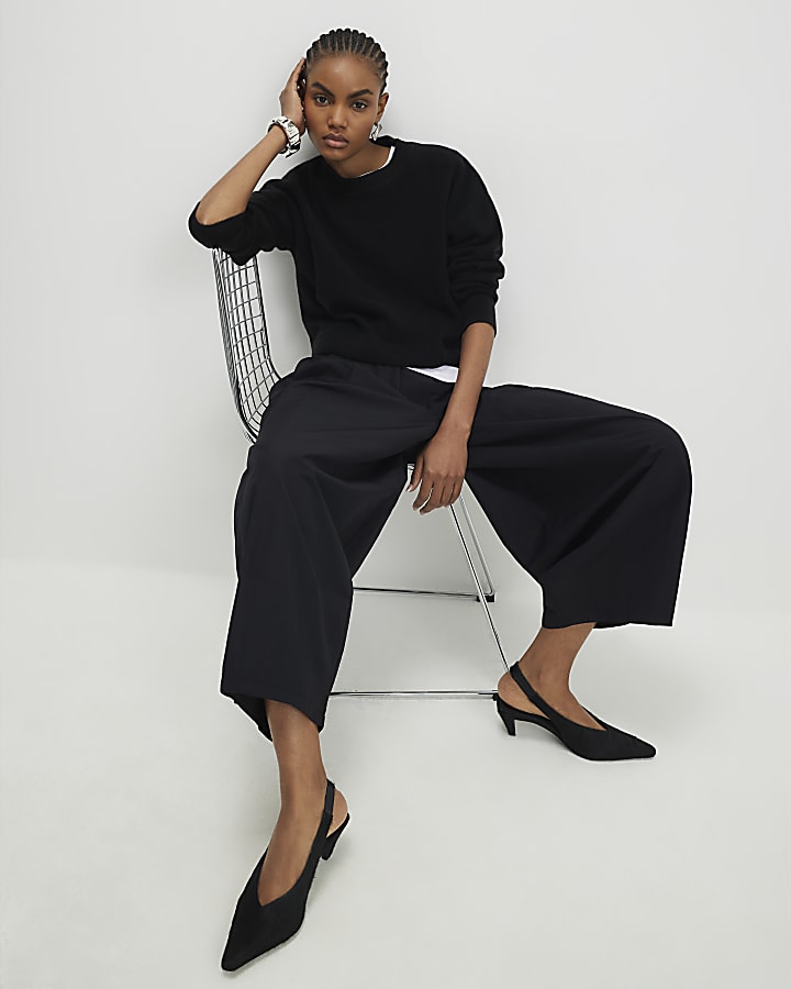 Black Cotton Poplin Barrel Leg Trousers
