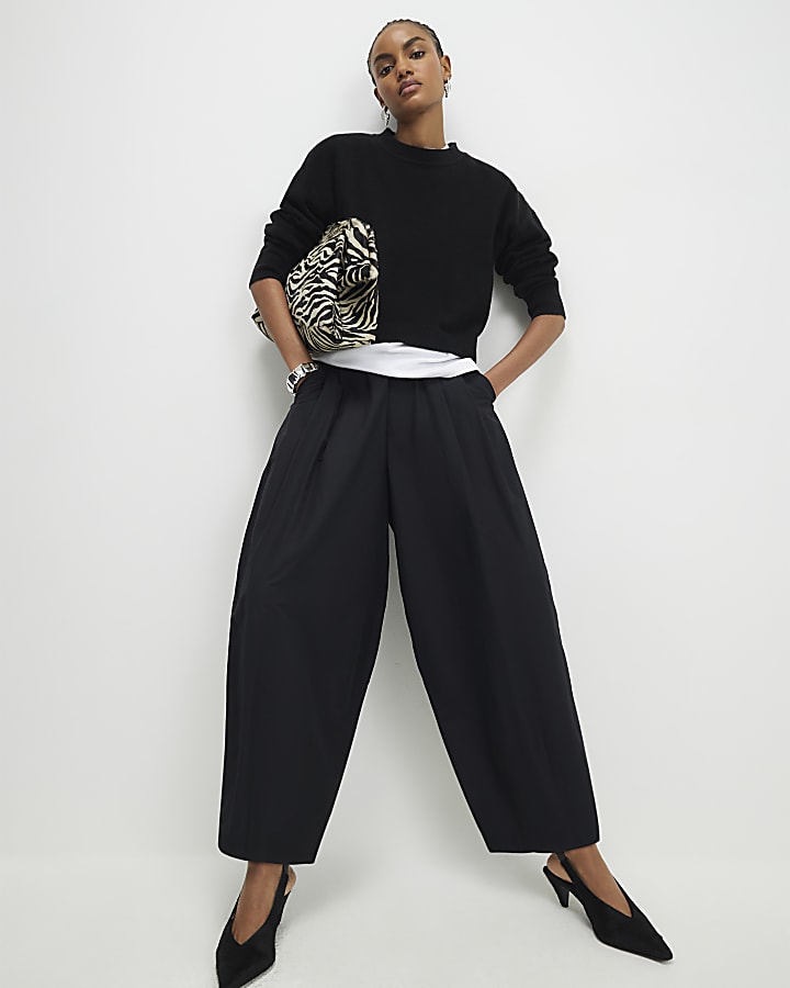Black Cotton Poplin Barrel Leg Trousers