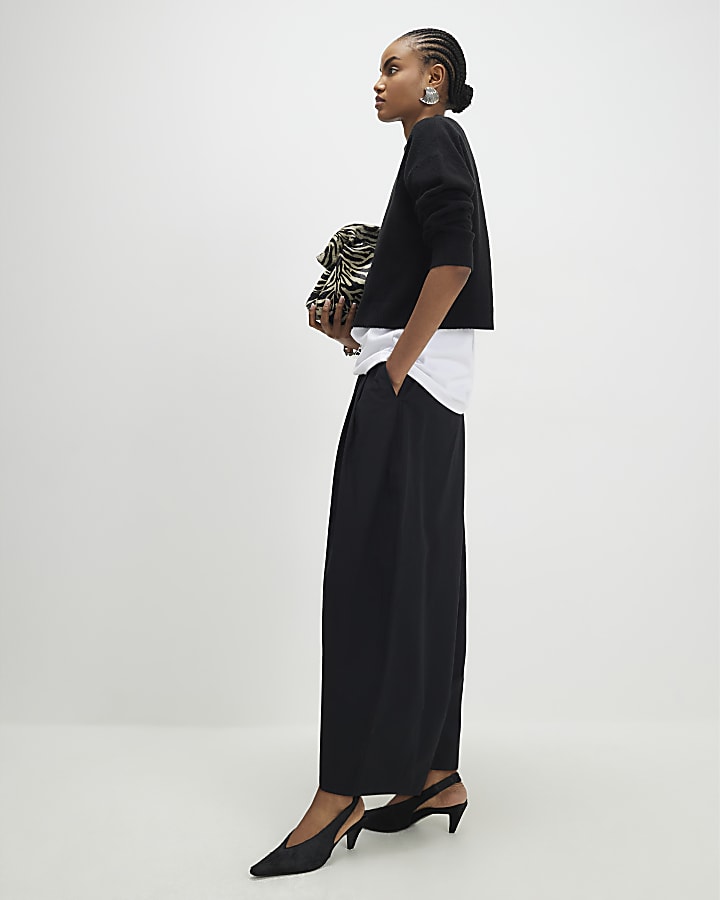 Black Cotton Poplin Barrel Leg Trousers