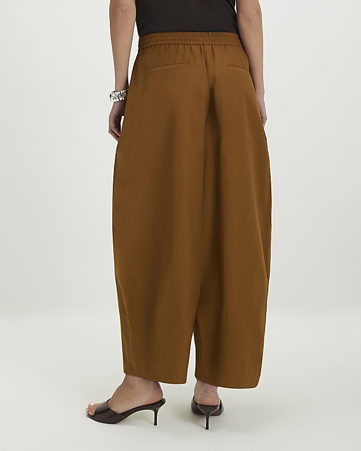Brown Cotton Poplin Barrel Leg Trousers