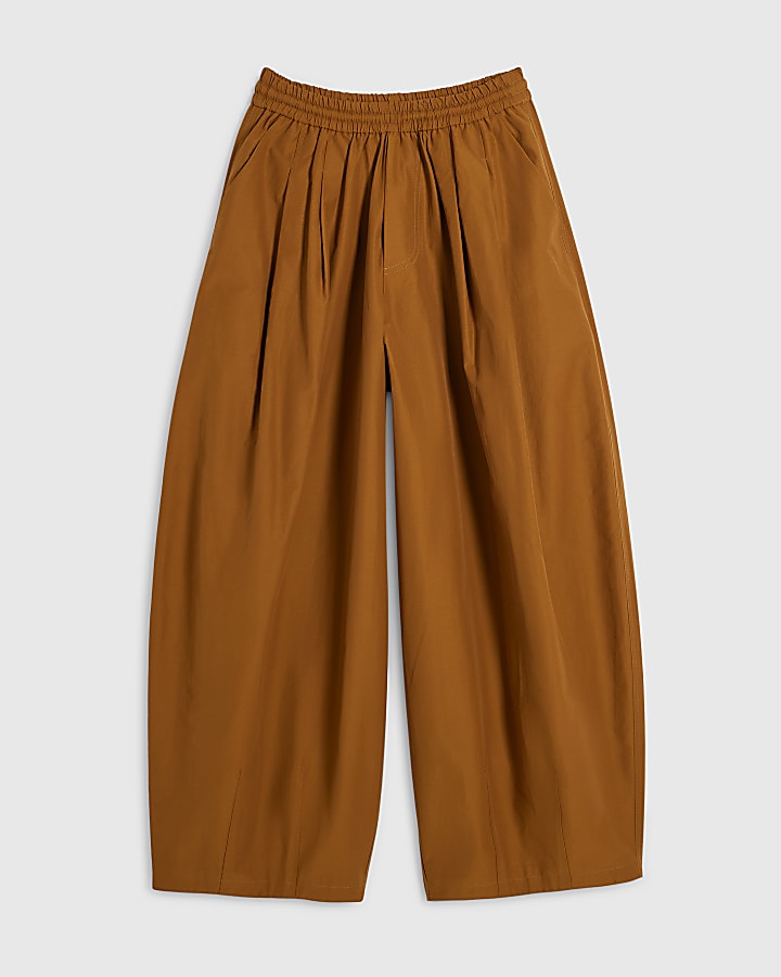 Brown Cotton Poplin Barrel Leg Trousers