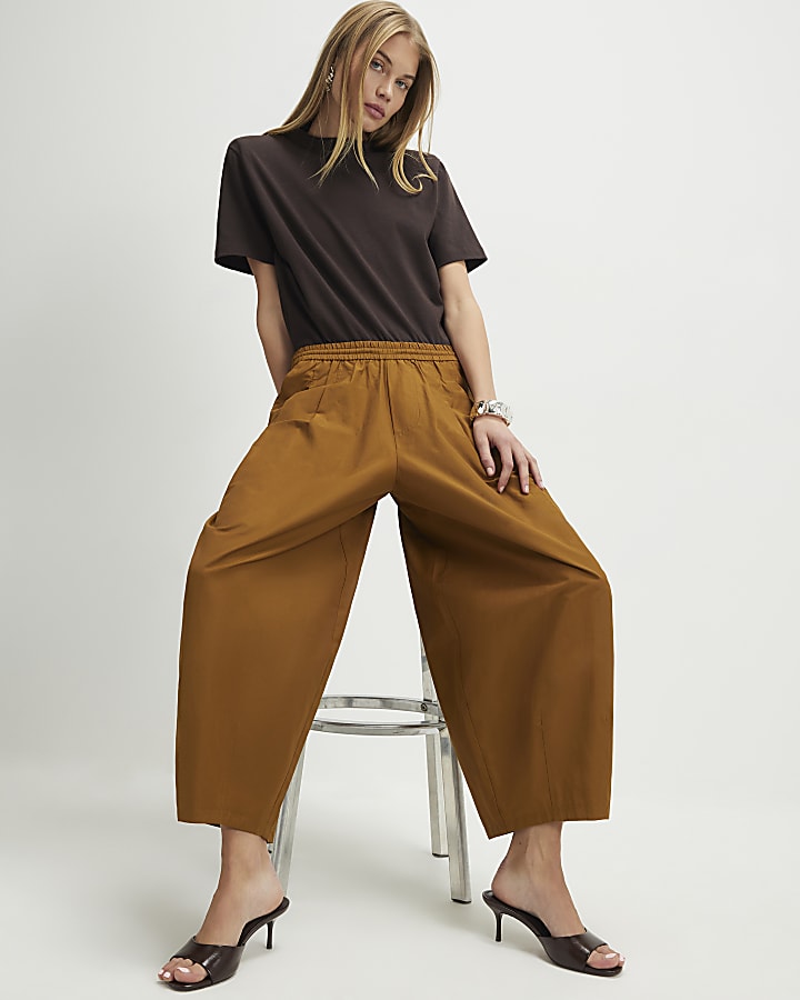 Brown Cotton Poplin Barrel Leg Trousers