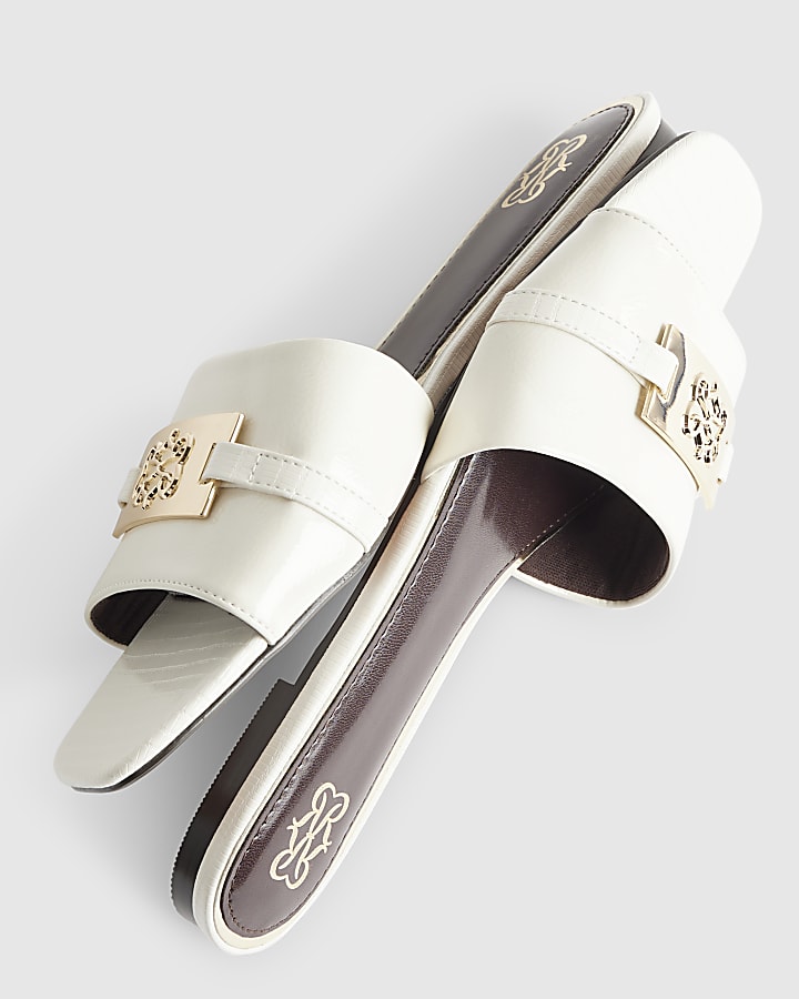 White Signature Trim Flat Mule Sandals