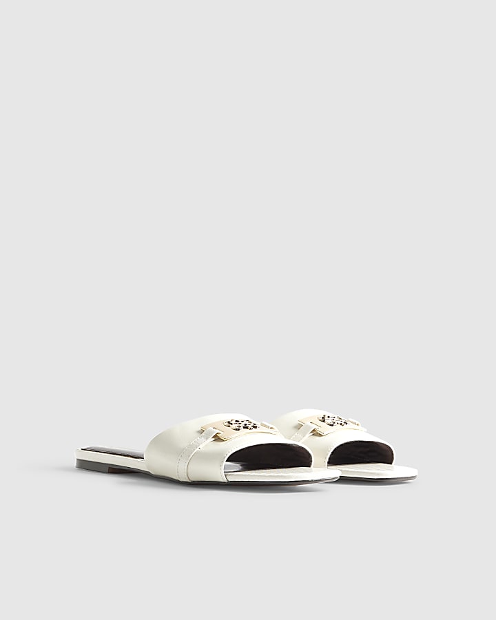 White Signature Trim Flat Mule Sandals