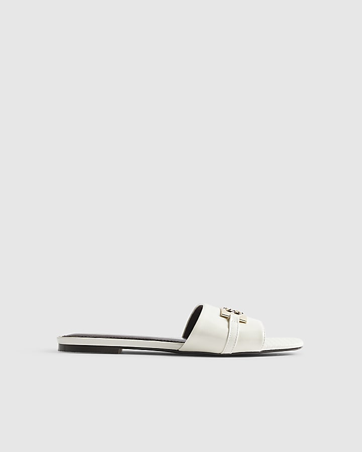 White Signature Trim Flat Mule Sandals