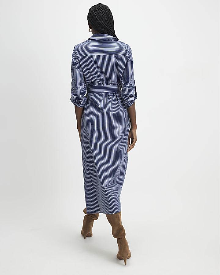 Navy Striped Tie Waist Midi Shirt Dress