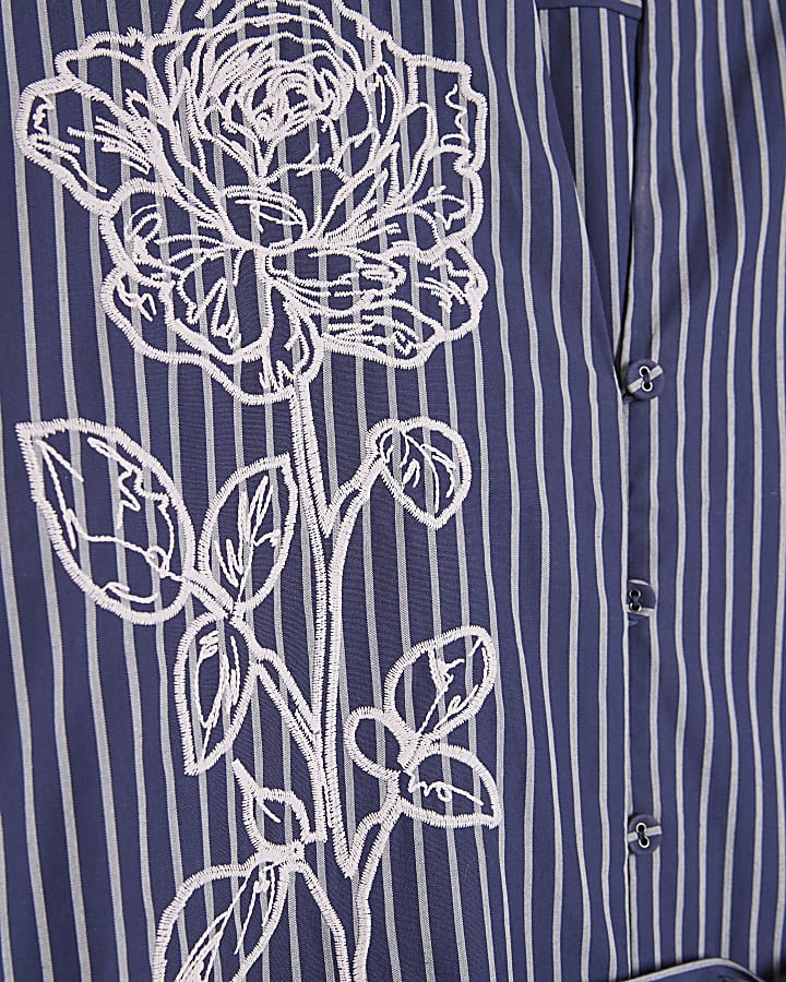 Navy Striped Tie Waist Midi Shirt Dress