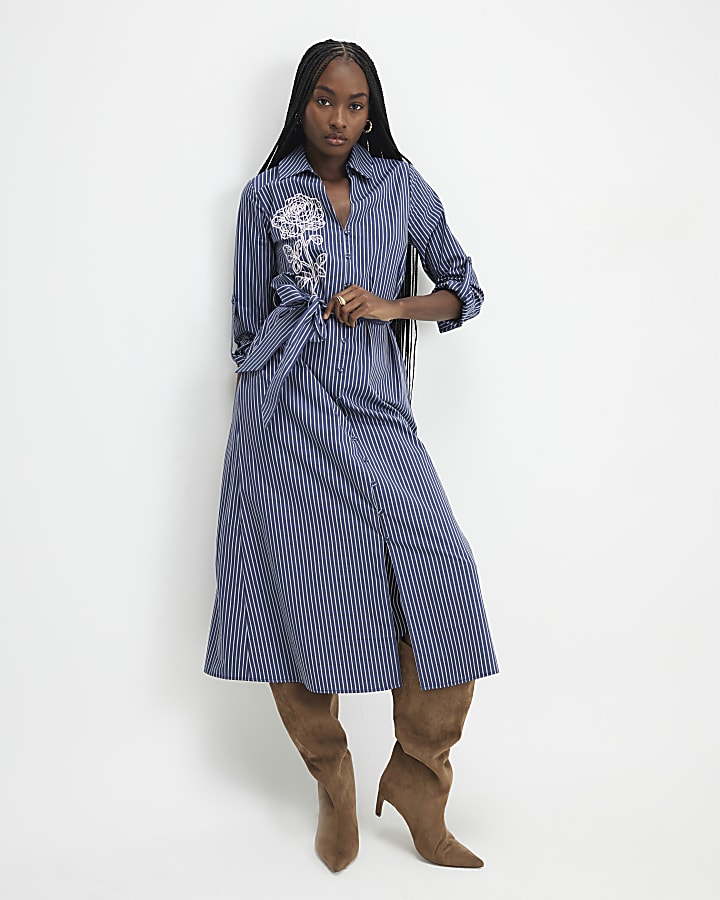 Navy Striped Tie Waist Midi Shirt Dress