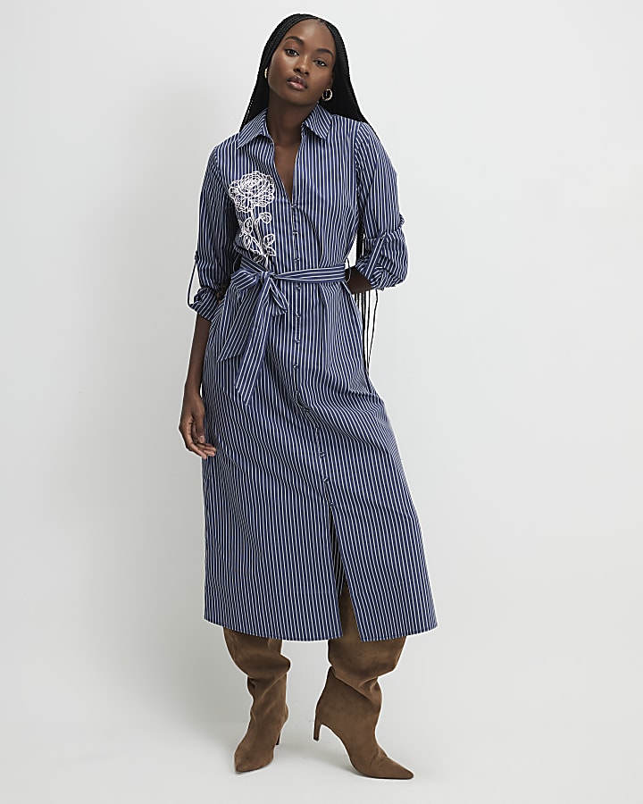 Navy Striped Tie Waist Midi Shirt Dress