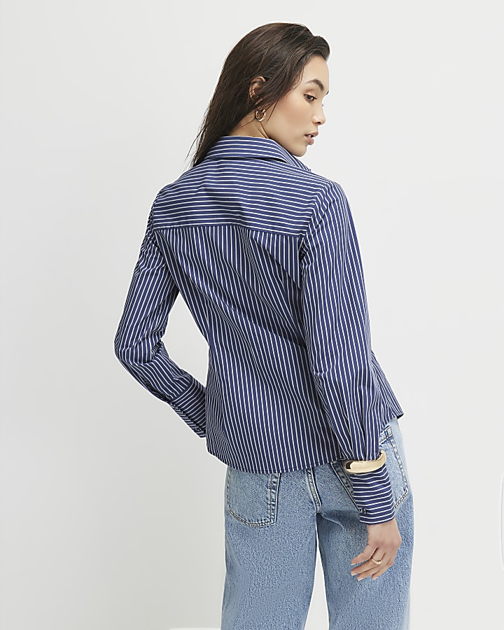 Blue Striped Long Sleeve Embroidered Shirt