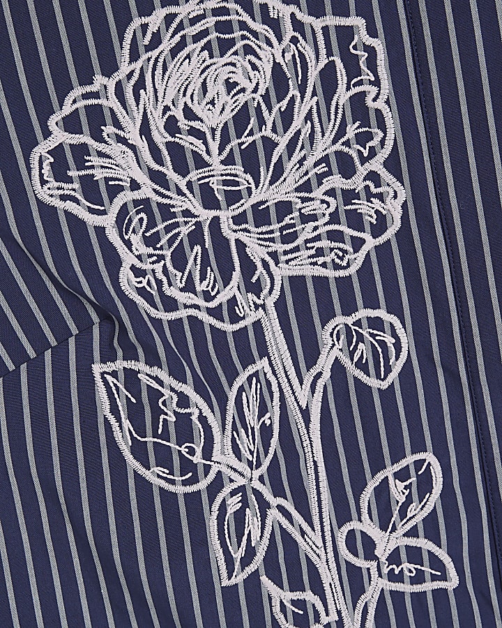 Blue Striped Long Sleeve Embroidered Shirt