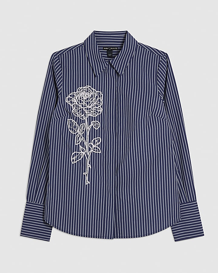 Blue Striped Long Sleeve Embroidered Shirt