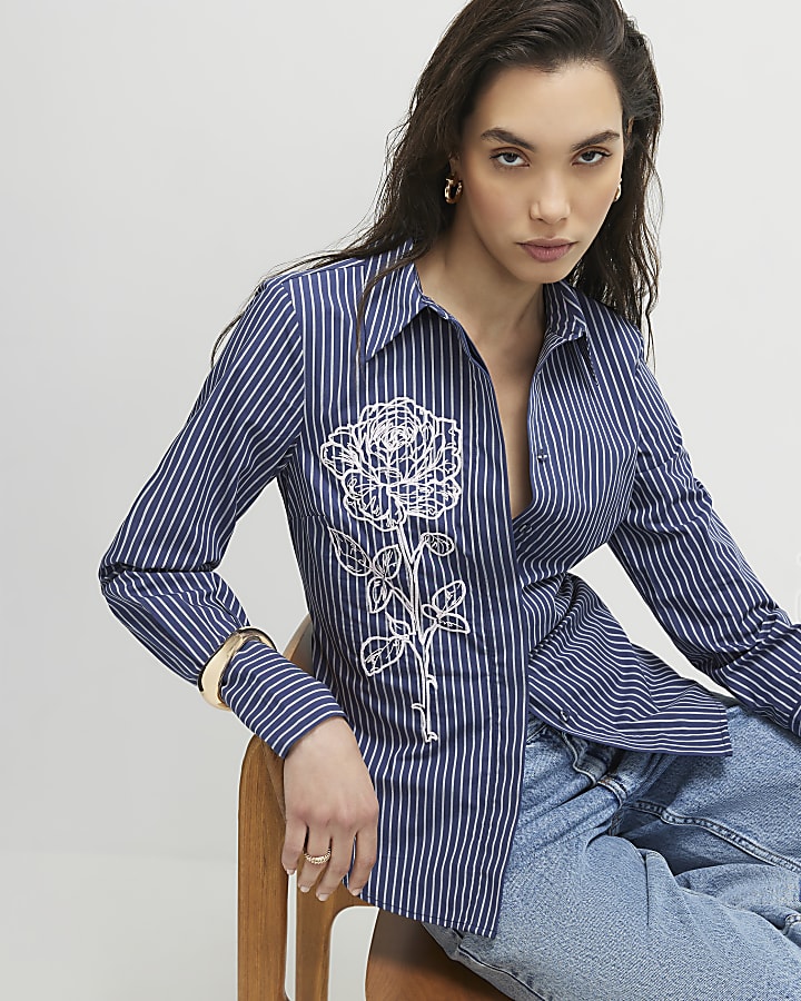 Blue Striped Long Sleeve Embroidered Shirt