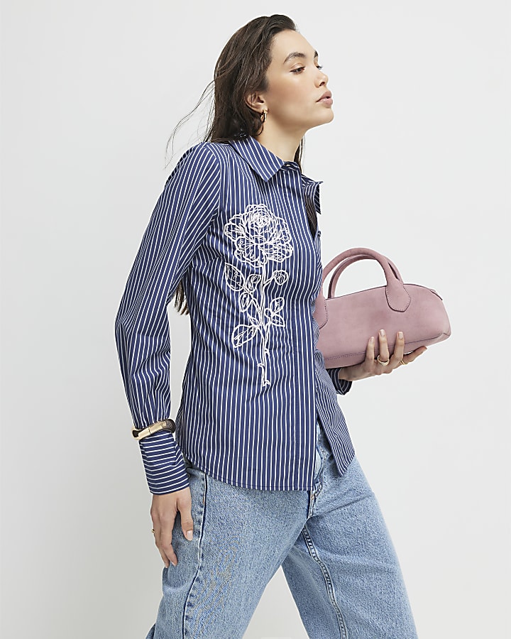 Blue Striped Long Sleeve Embroidered Shirt