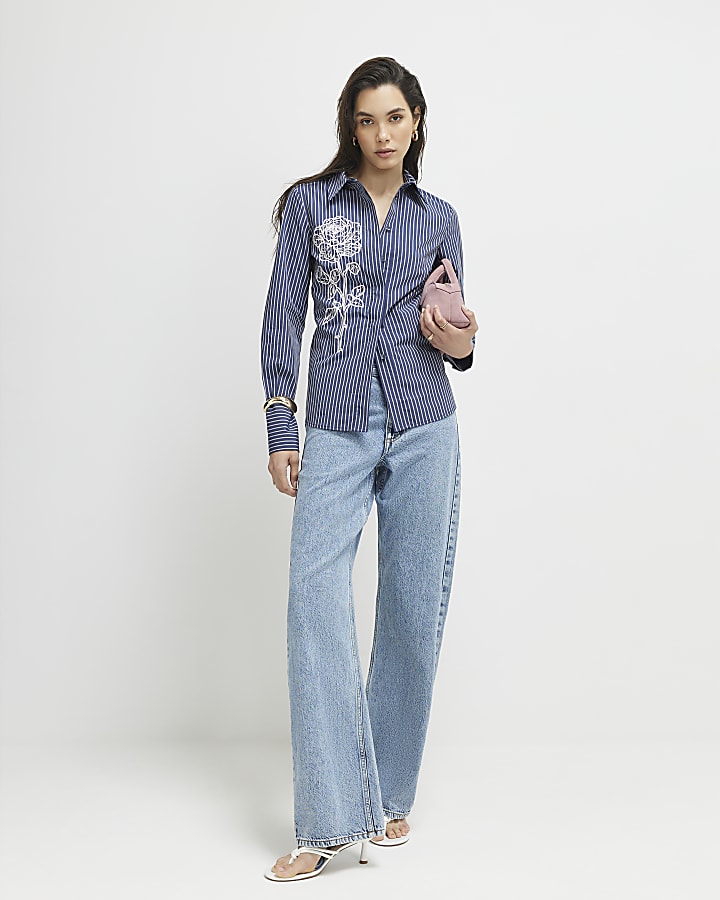 Blue Striped Long Sleeve Embroidered Shirt