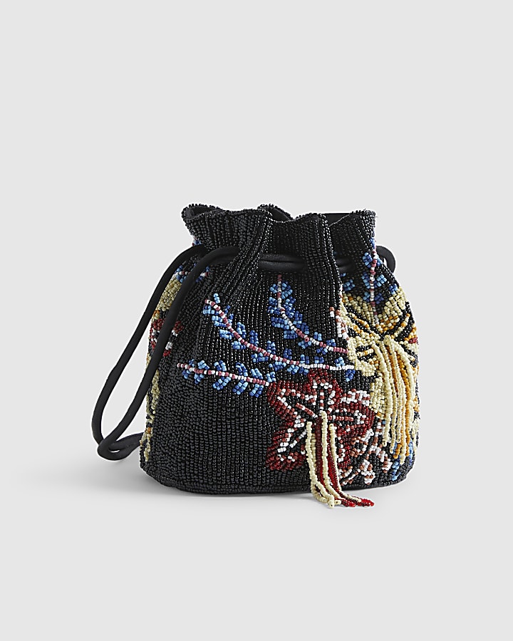 Black Drawstring Beaded Bag