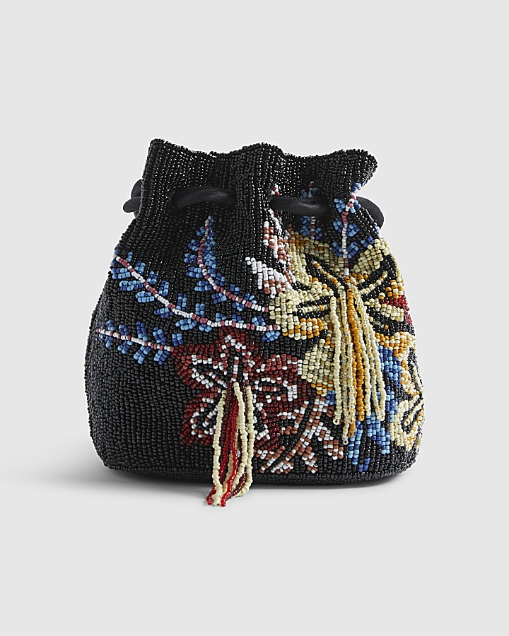 Black Drawstring Beaded Bag