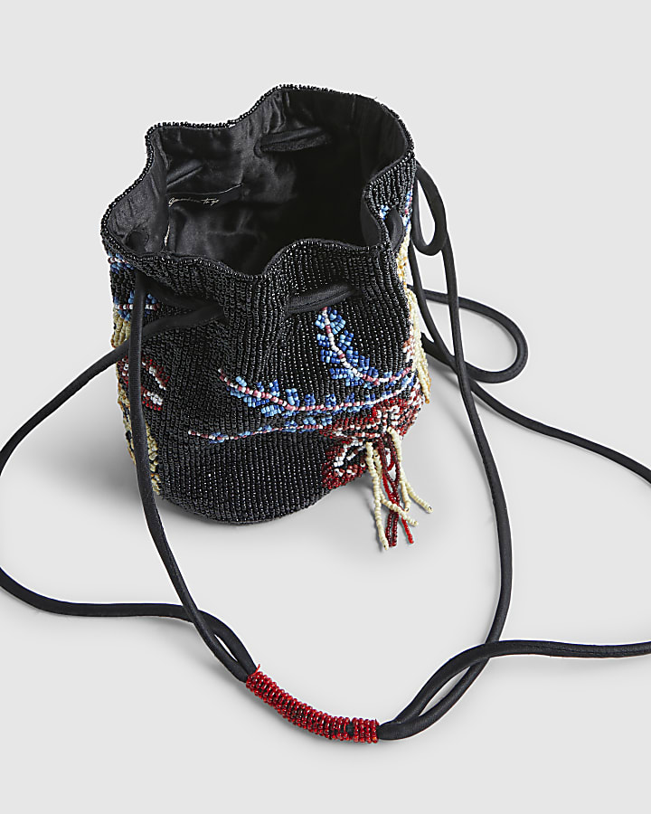Black Drawstring Beaded Bag