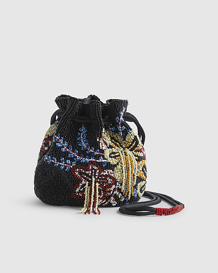 Black Drawstring Beaded Bag