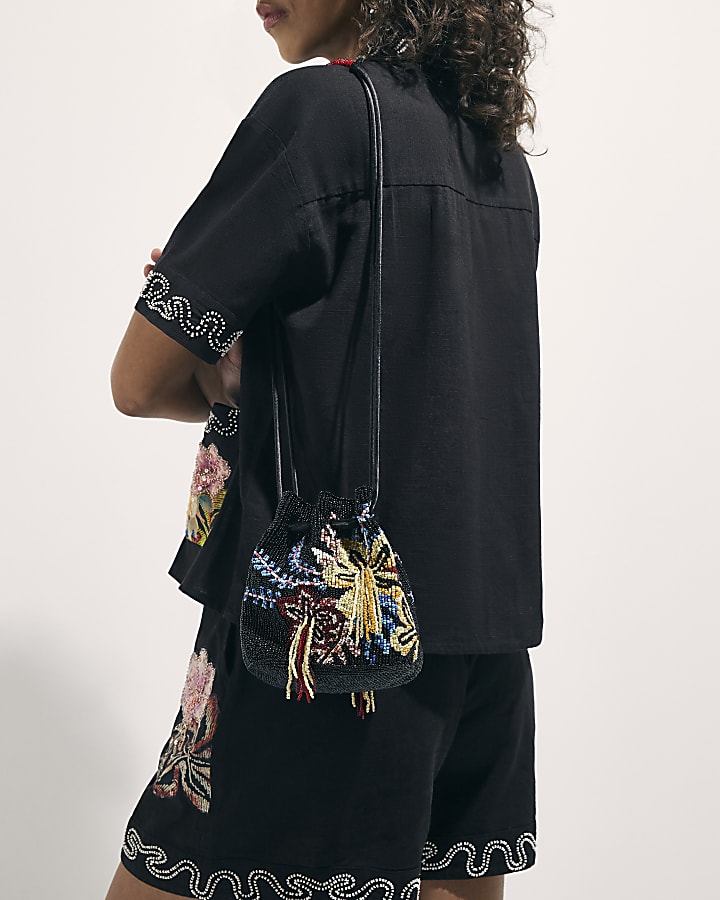 Black Drawstring Beaded Bag