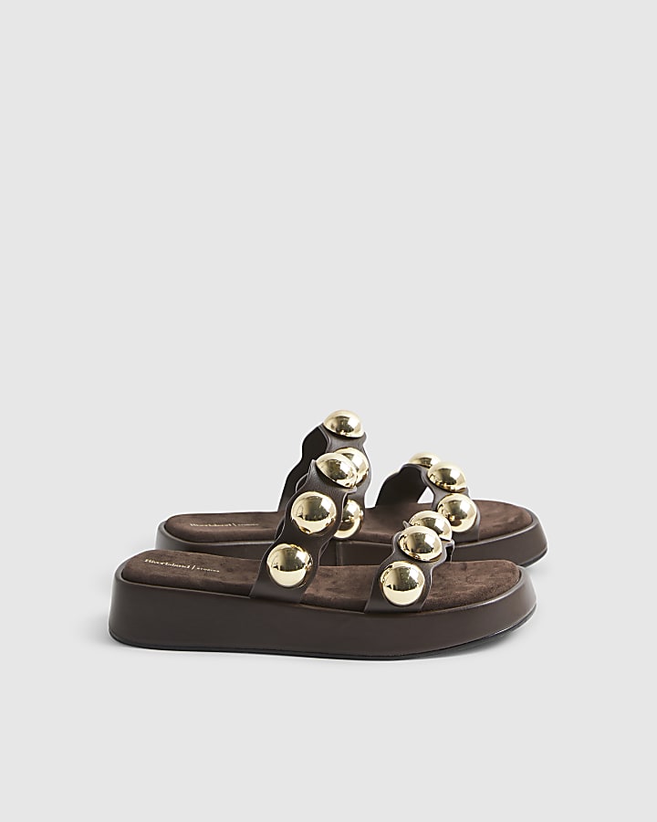 Brown Studded Flatform Sandals