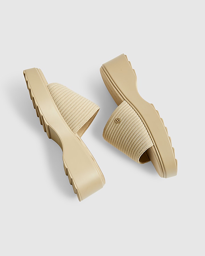 Beige Knitted Mule Flatform Sandals