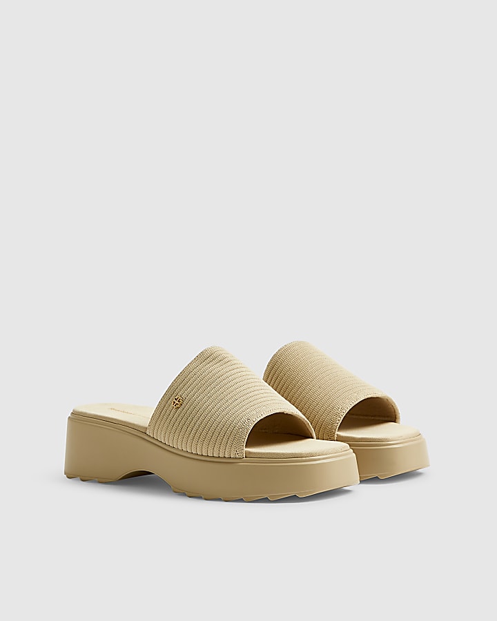 Beige Knitted Mule Flatform Sandals