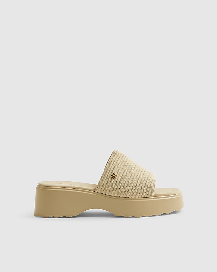 Beige Knitted Mule Flatform Sandals