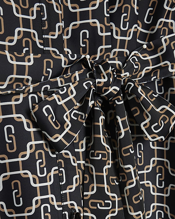 Black Geometric Long Sleeve Mini Shirt Dress