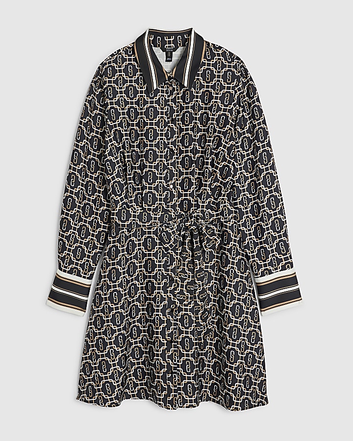 Black Geometric Long Sleeve Mini Shirt Dress