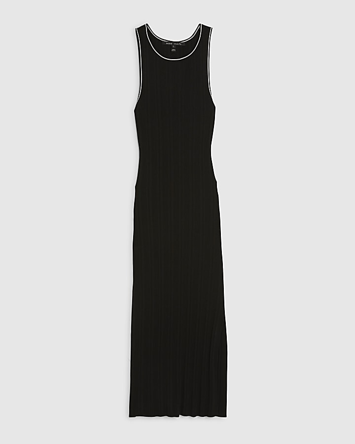 Black Knitted Racer Neck Ribbed Midi Dress