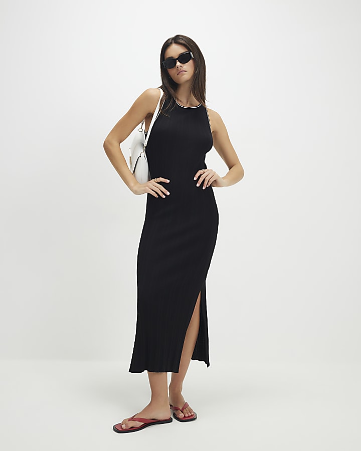 Black Knitted Racer Neck Ribbed Midi Dress
