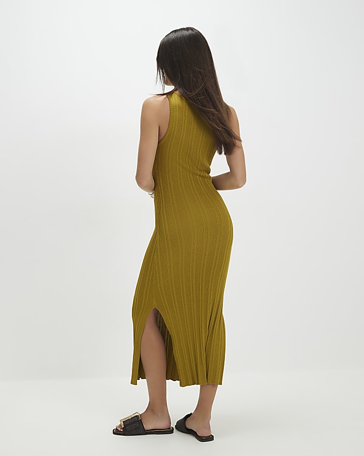 Khaki Knitted Racer Neck Ribbed Midi Dress