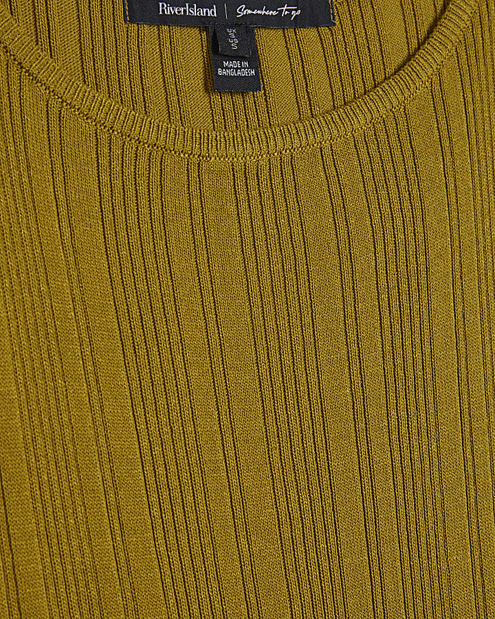 Khaki Knitted Racer Neck Ribbed Midi Dress
