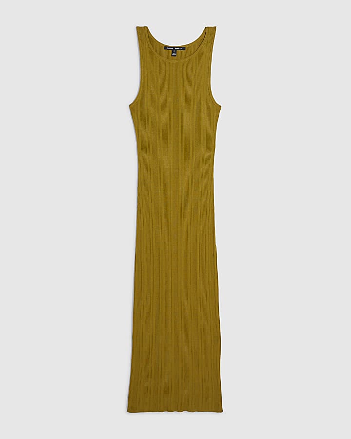 Khaki Knitted Racer Neck Ribbed Midi Dress