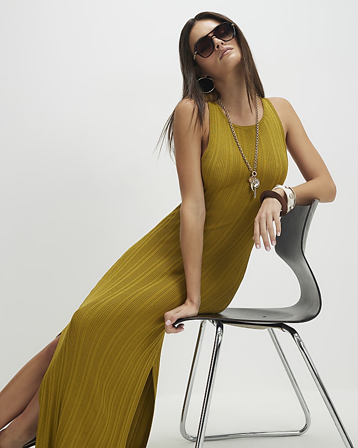 Khaki Knitted Racer Neck Ribbed Midi Dress