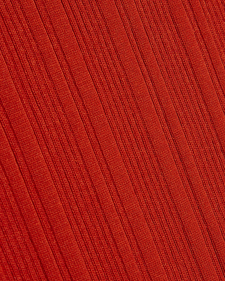 Red Knitted Racer Neck Ribbed Midi Dress